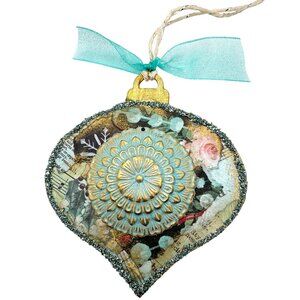 Handcrafted Ornament OOAK Collage Gold Flower & Turquoise Accents 3" Ribbon